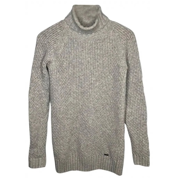 BARBOUR Sz 12 gorgeous 100% wool gray open weave long turtleneck cozy sweater - Picture 2 of 5